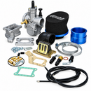 Collection of automotive parts including a carburetor, air filter, and various connectors on a white background.